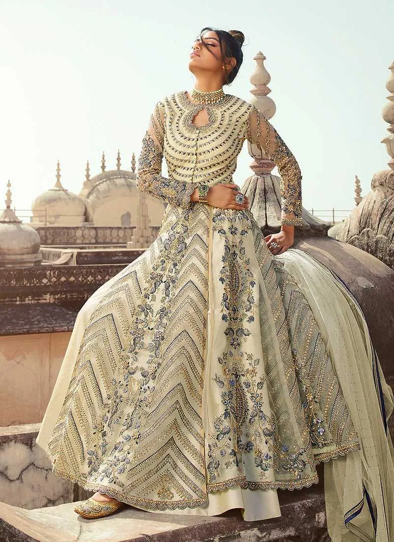 Light Grey Heavy Embroidered Lehenga Style Anarkali