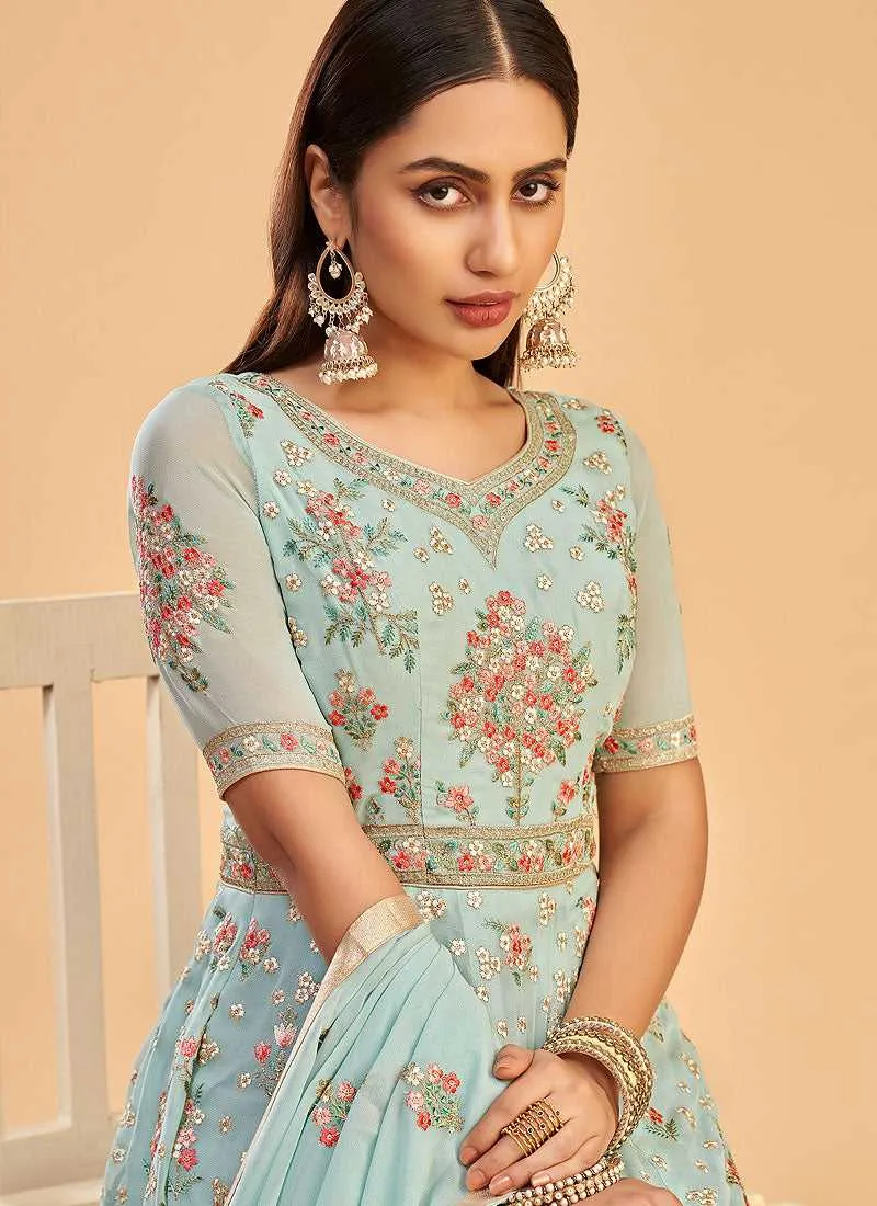 Light Teal Floral Embroidered Designer Kalidar Anarkali
