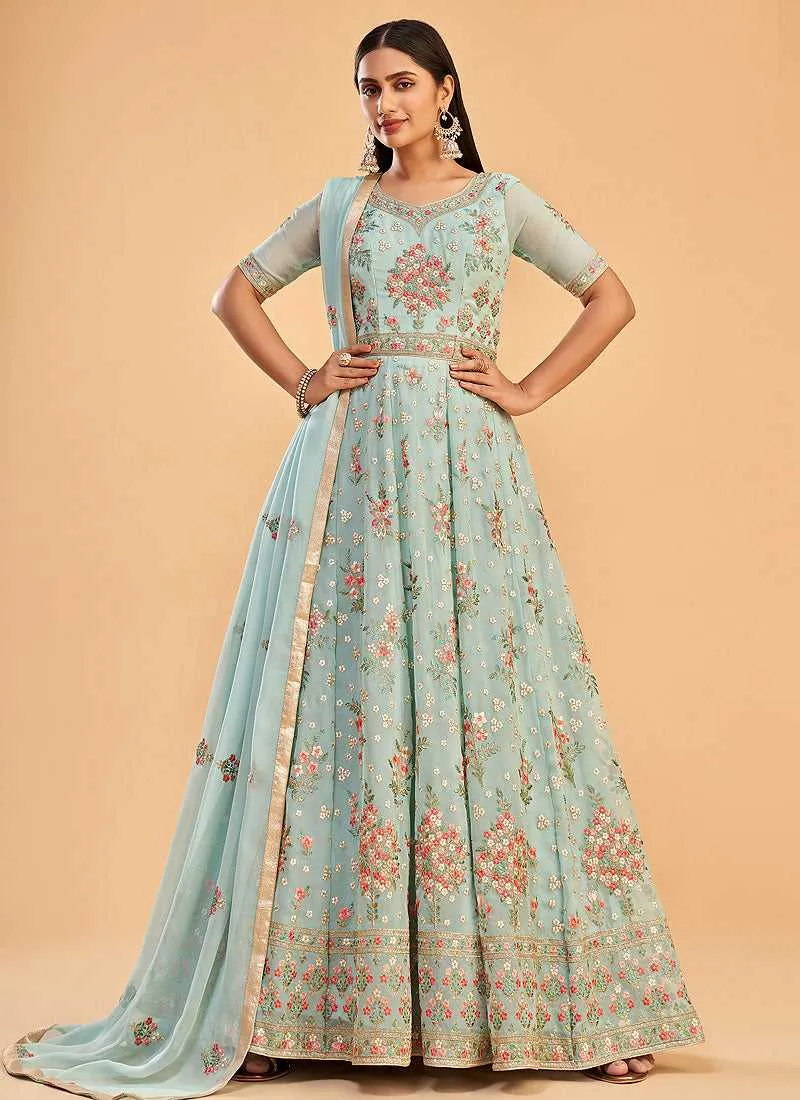 Light Teal Floral Embroidered Designer Kalidar Anarkali