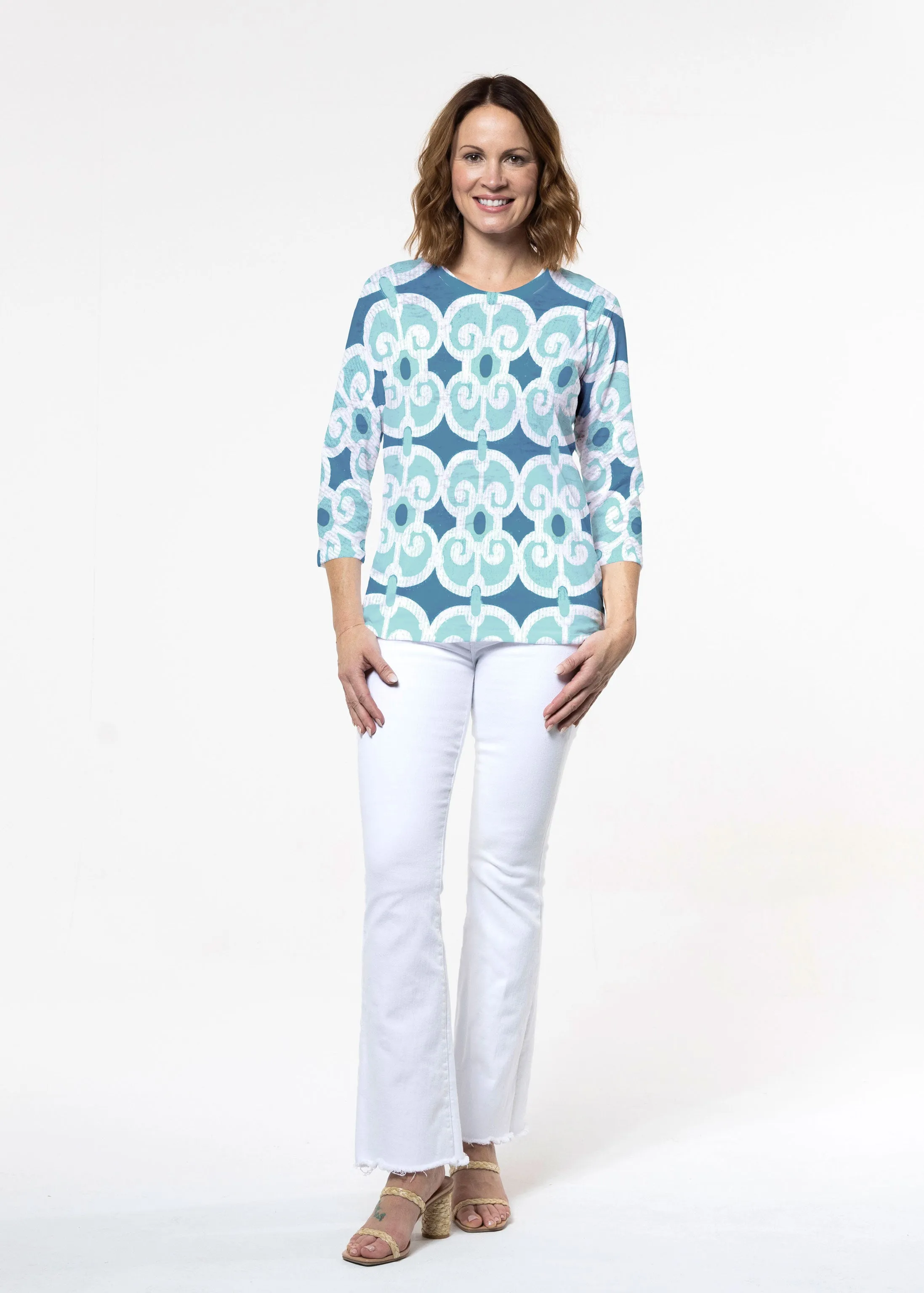 Links Navy Aqua (8133) ~ Signature 3/4 Sleeve Crew Neck Top
