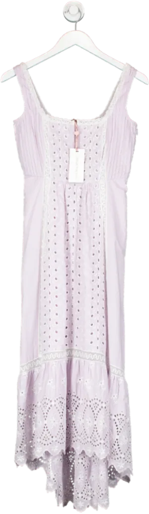 loveshackfancy lilac crochet-trimmed broderie anglaise midi dress UK XXS