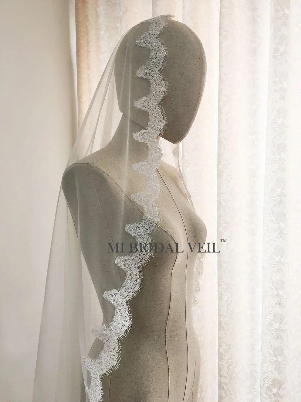 Mantilla Lace Wedding Veil, Fingertip Small Eyelash Lace Veil, Mi Bridal