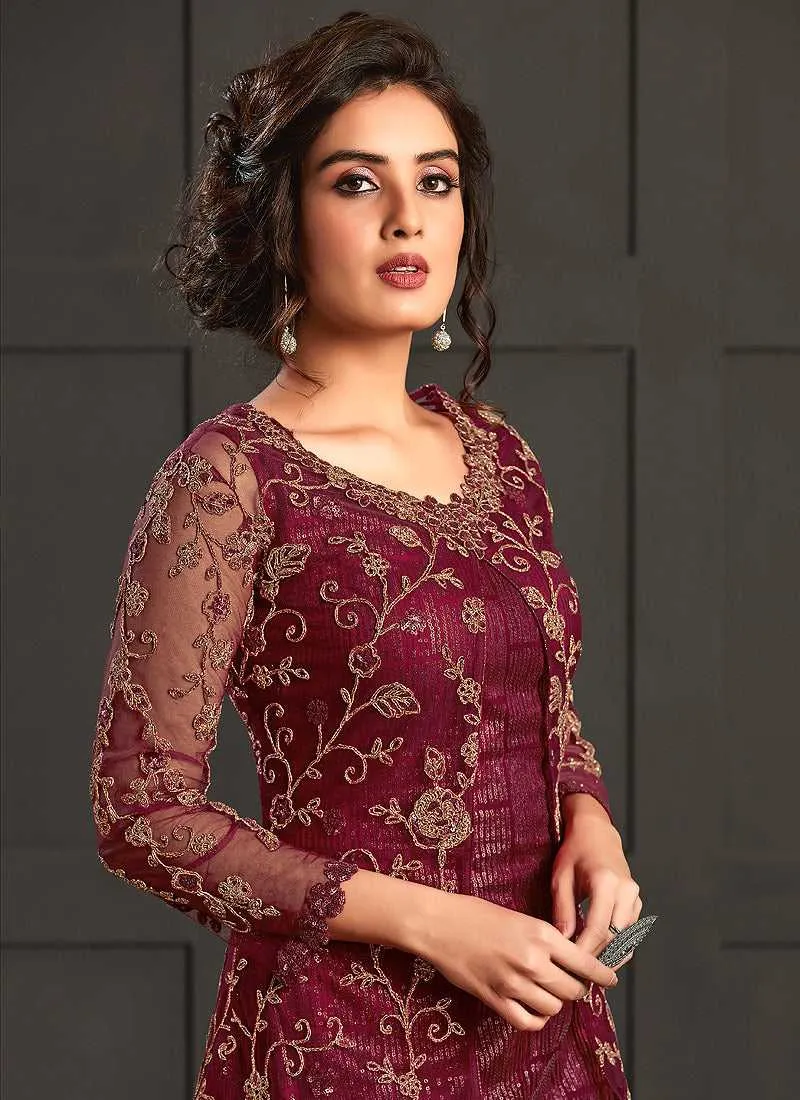 Maroon Heavy Embroidered Jacket Style Anarkali Suit