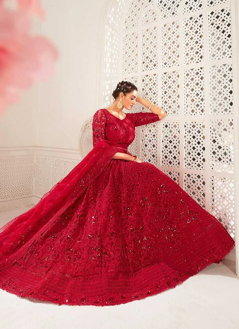 Maroon Heavy Net Embroidered Kalidar Lehenga Choli
