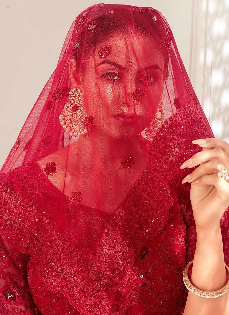 Maroon Heavy Net Embroidered Kalidar Lehenga Choli
