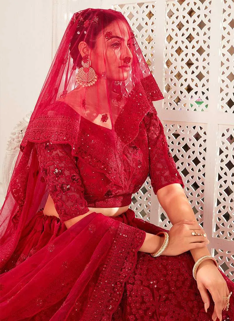 Maroon Heavy Net Embroidered Kalidar Lehenga Choli