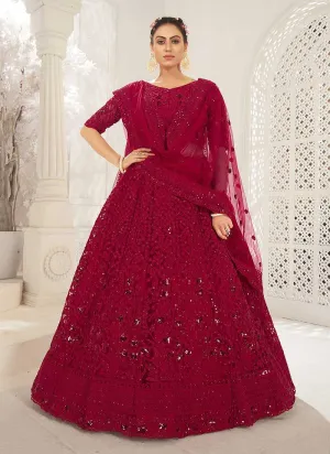 Maroon Heavy Net Embroidered Kalidar Lehenga Choli