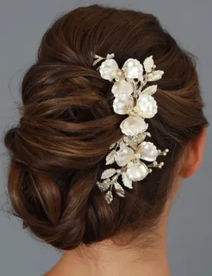 Matte Gold Floral, Ivory Pearls & Crystal Comb