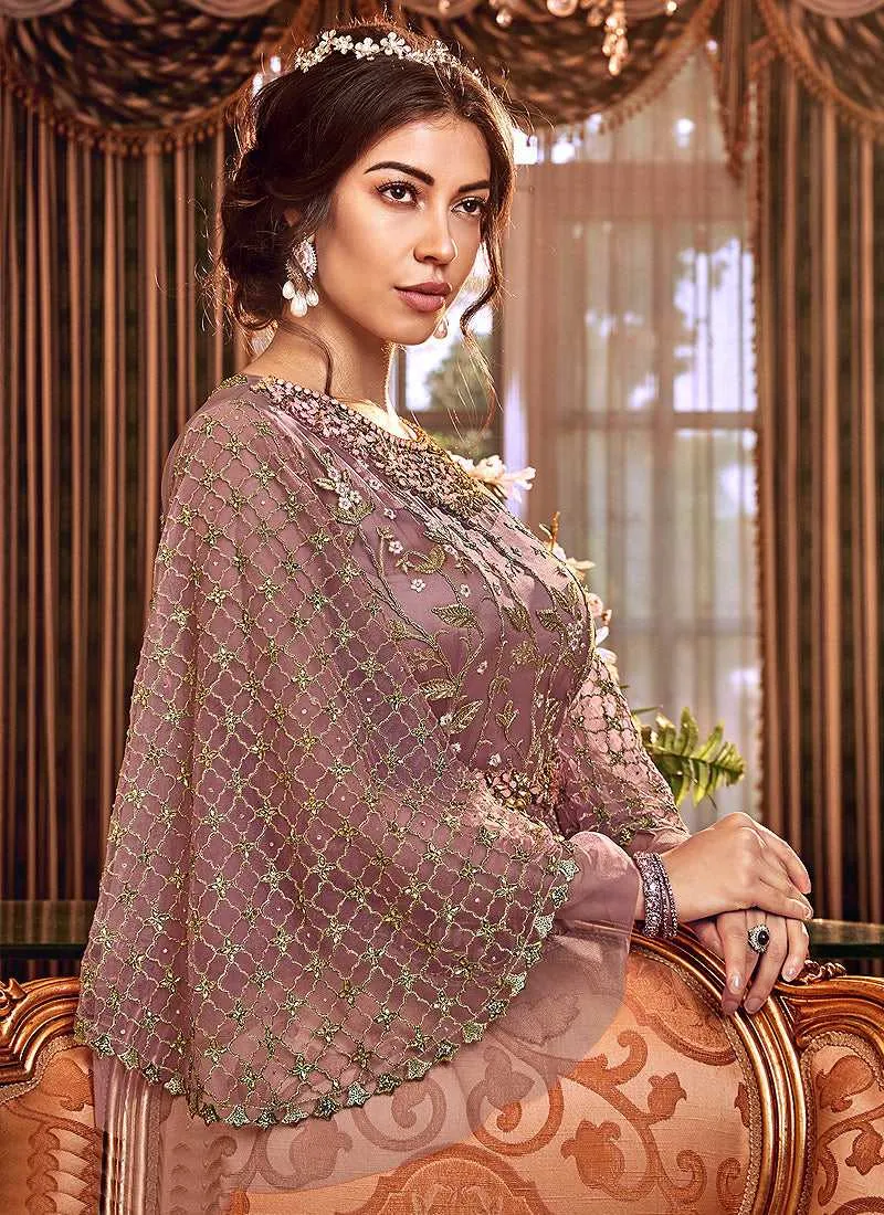 Mauve and Gold Heavy Embroidered Anarkali