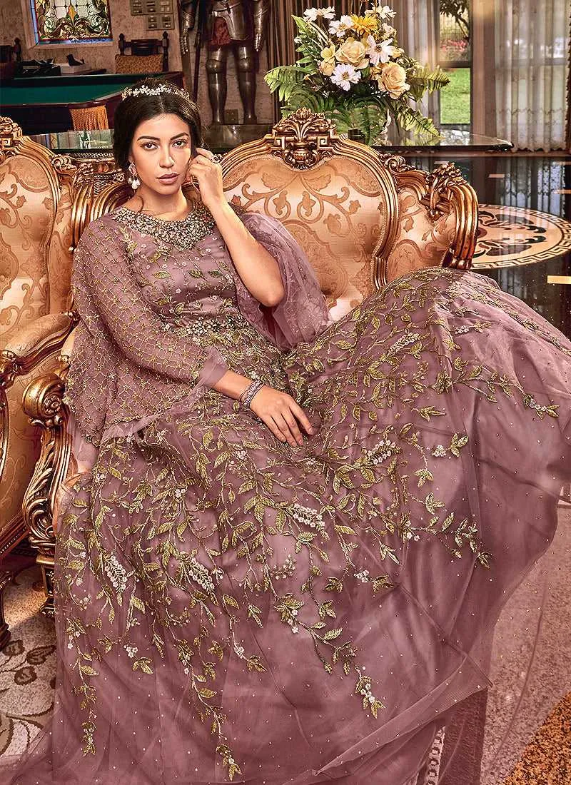 Mauve and Gold Heavy Embroidered Anarkali