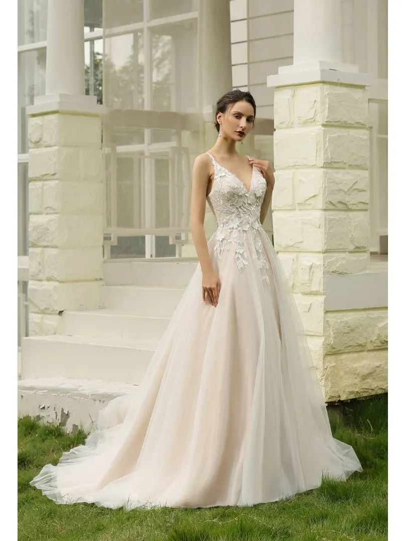 Meleana applique lace wedding gown ivory/pink nude Express NZ wide