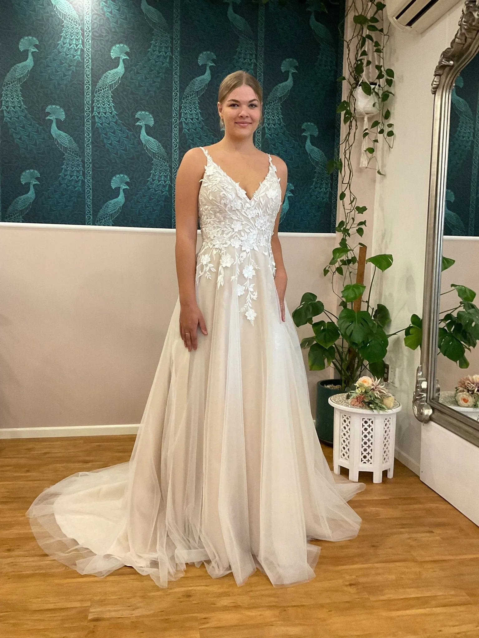 Meleana applique lace wedding gown ivory/pink nude Express NZ wide