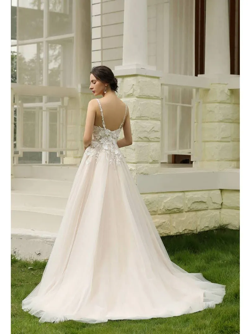 Meleana applique lace wedding gown ivory/pink nude Express NZ wide
