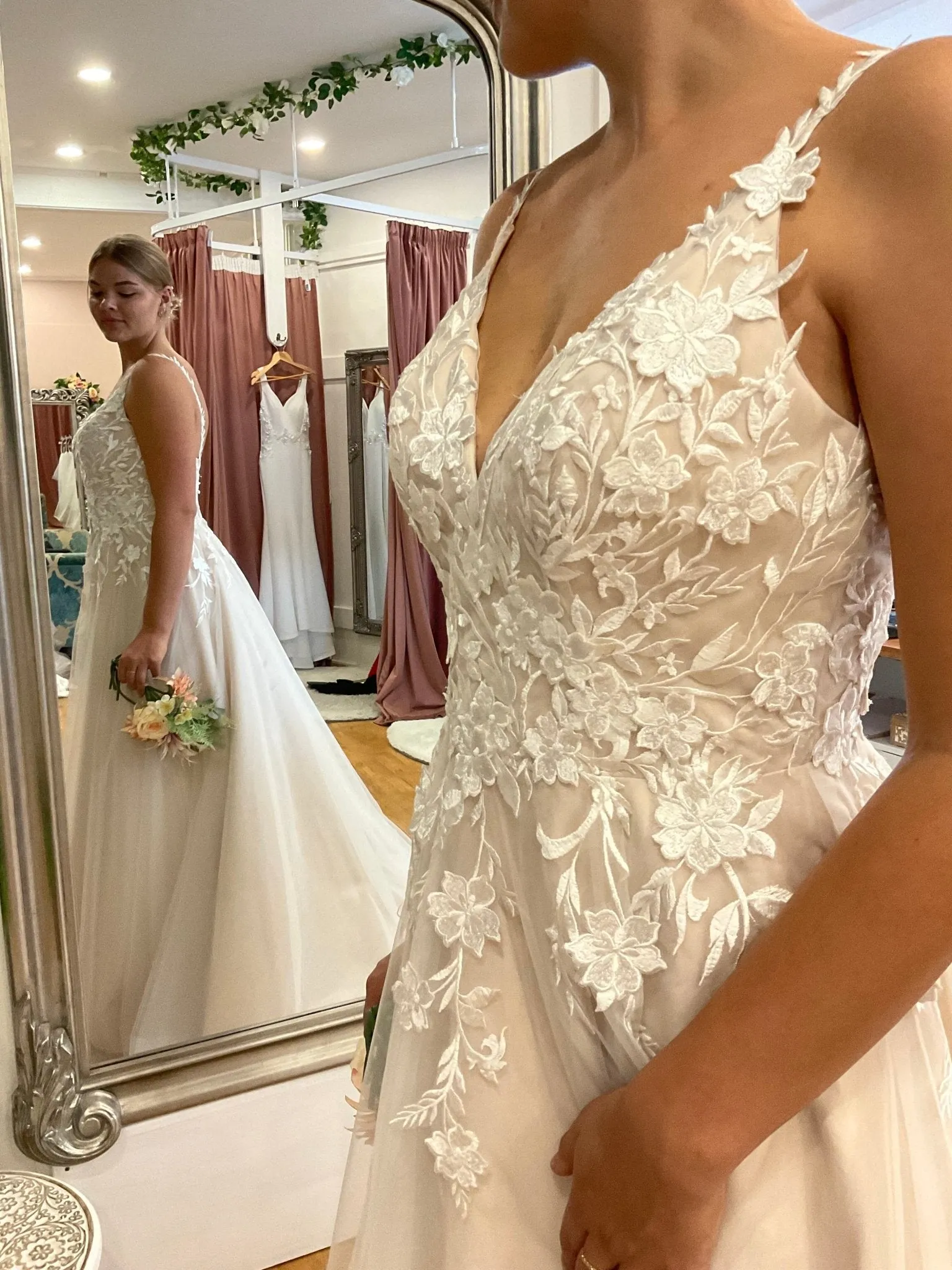 Meleana applique lace wedding gown ivory/pink nude Express NZ wide