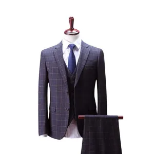 Men's 3 Peice Jacket Pants Vest Dark Blue Plaid Business Suit
