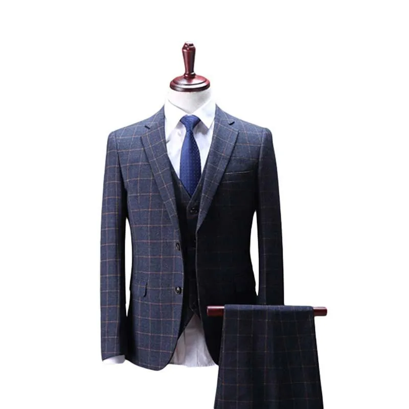 Men's 3 Peice Jacket Pants Vest Dark Blue Plaid Business Suit