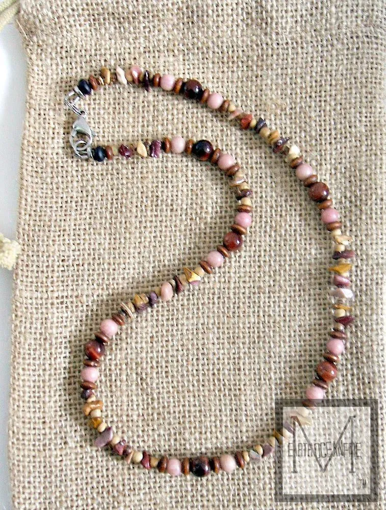 Men's Pink Rhodochrosite and Red Tigers Eye Necklace for Pink Shirt