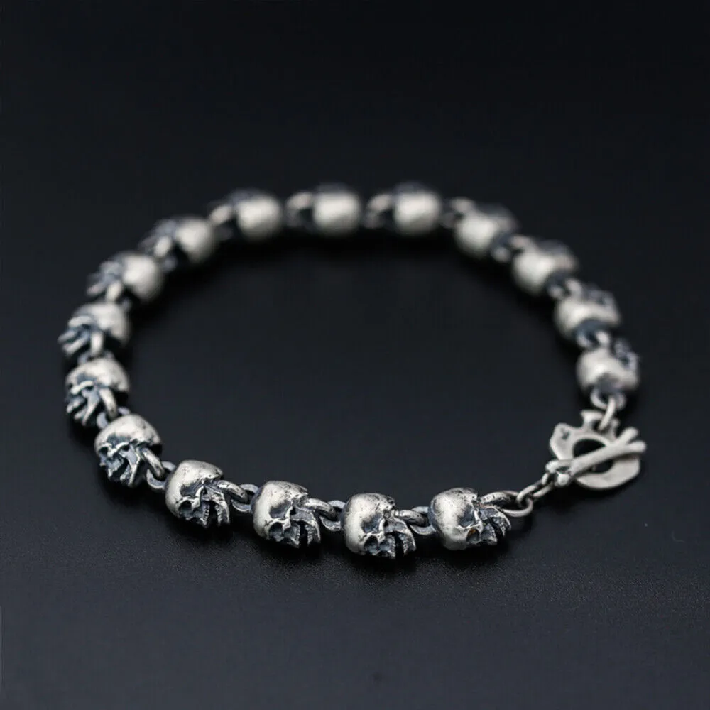Men‘s Real Solid 925 Sterling Silver Bracelets Link Chain Skull OT Buckle 9.3"