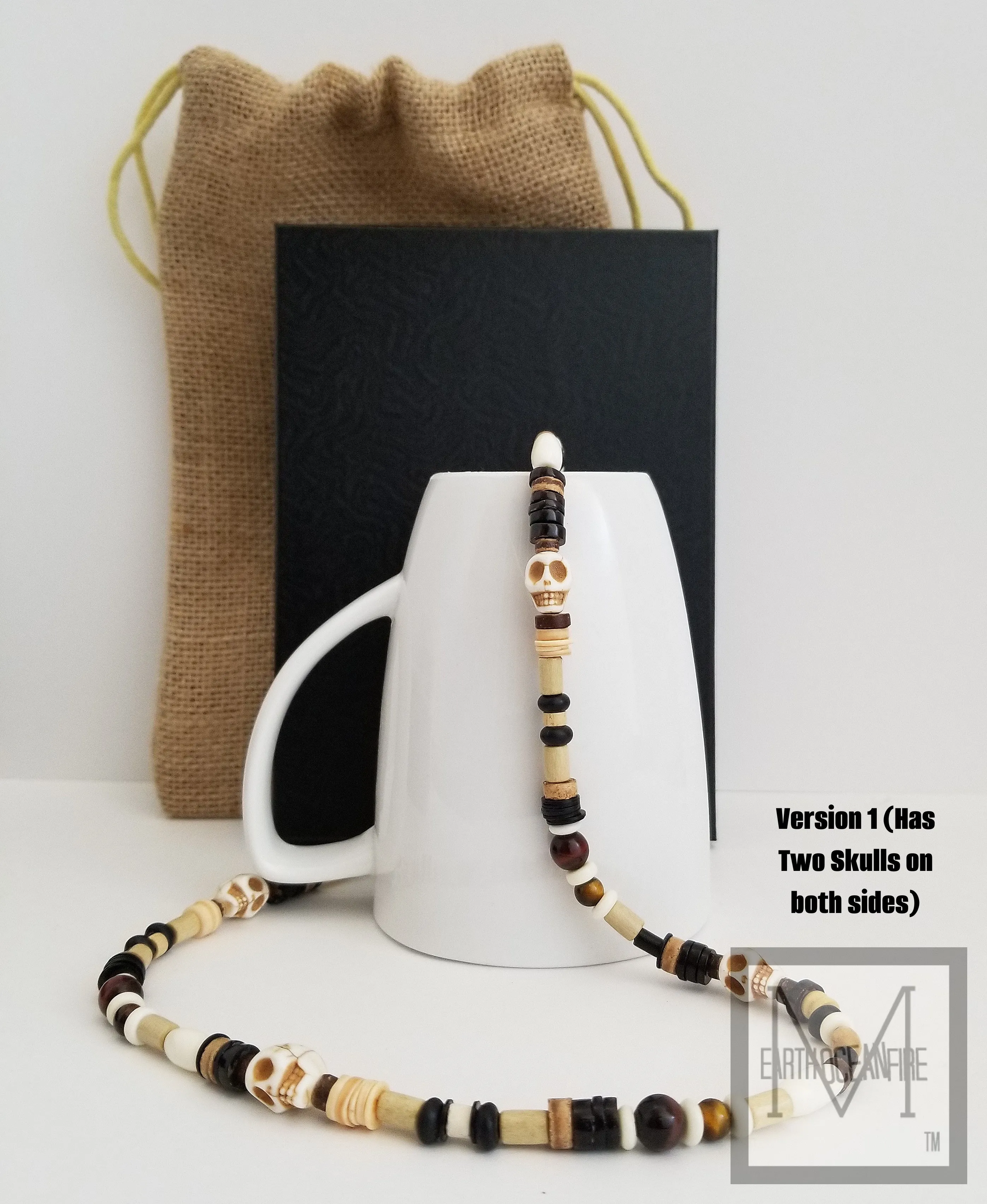 Men's Red and Brown Tigers Eye Skull Beaded Necklace