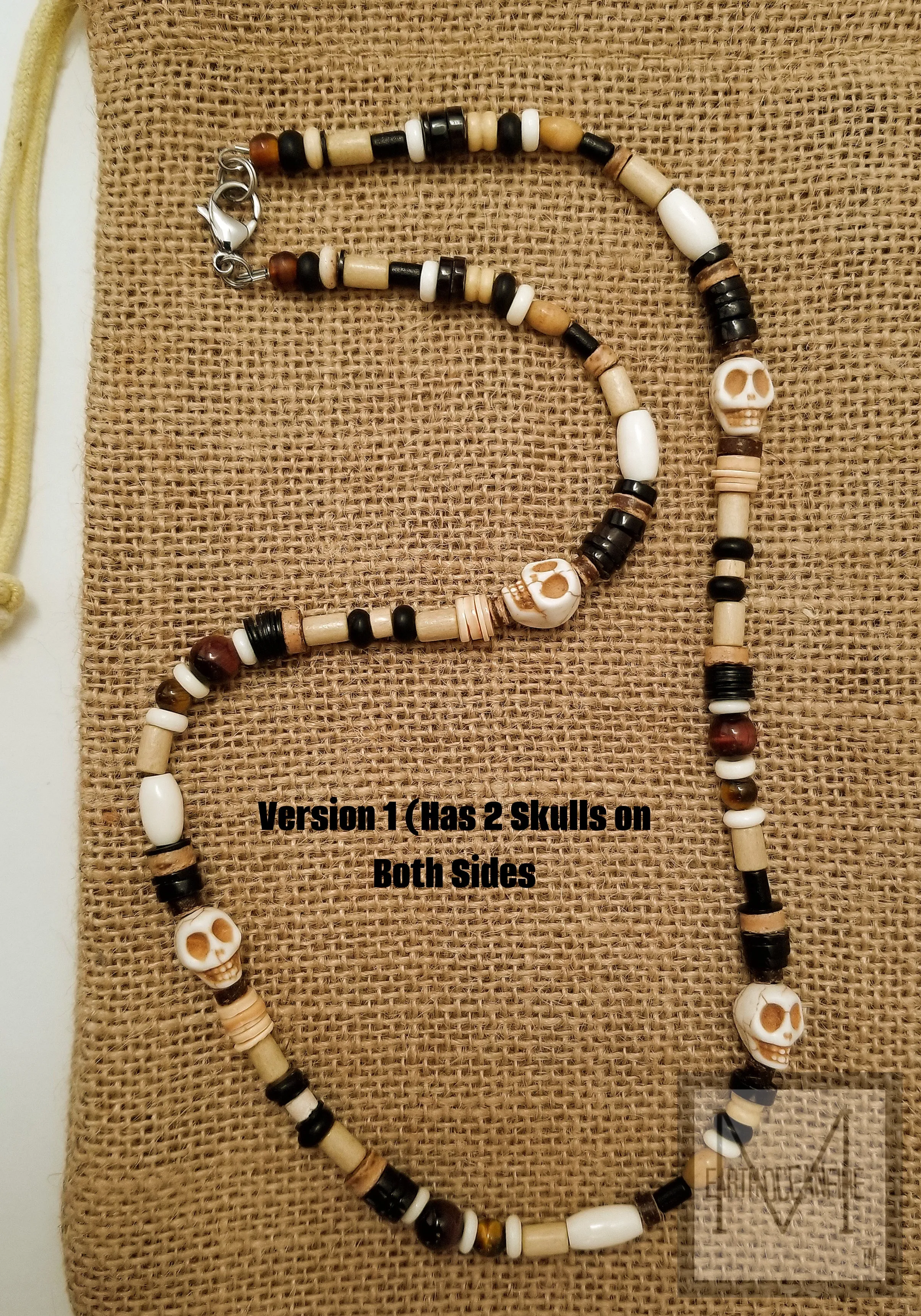 Men's Red and Brown Tigers Eye Skull Beaded Necklace