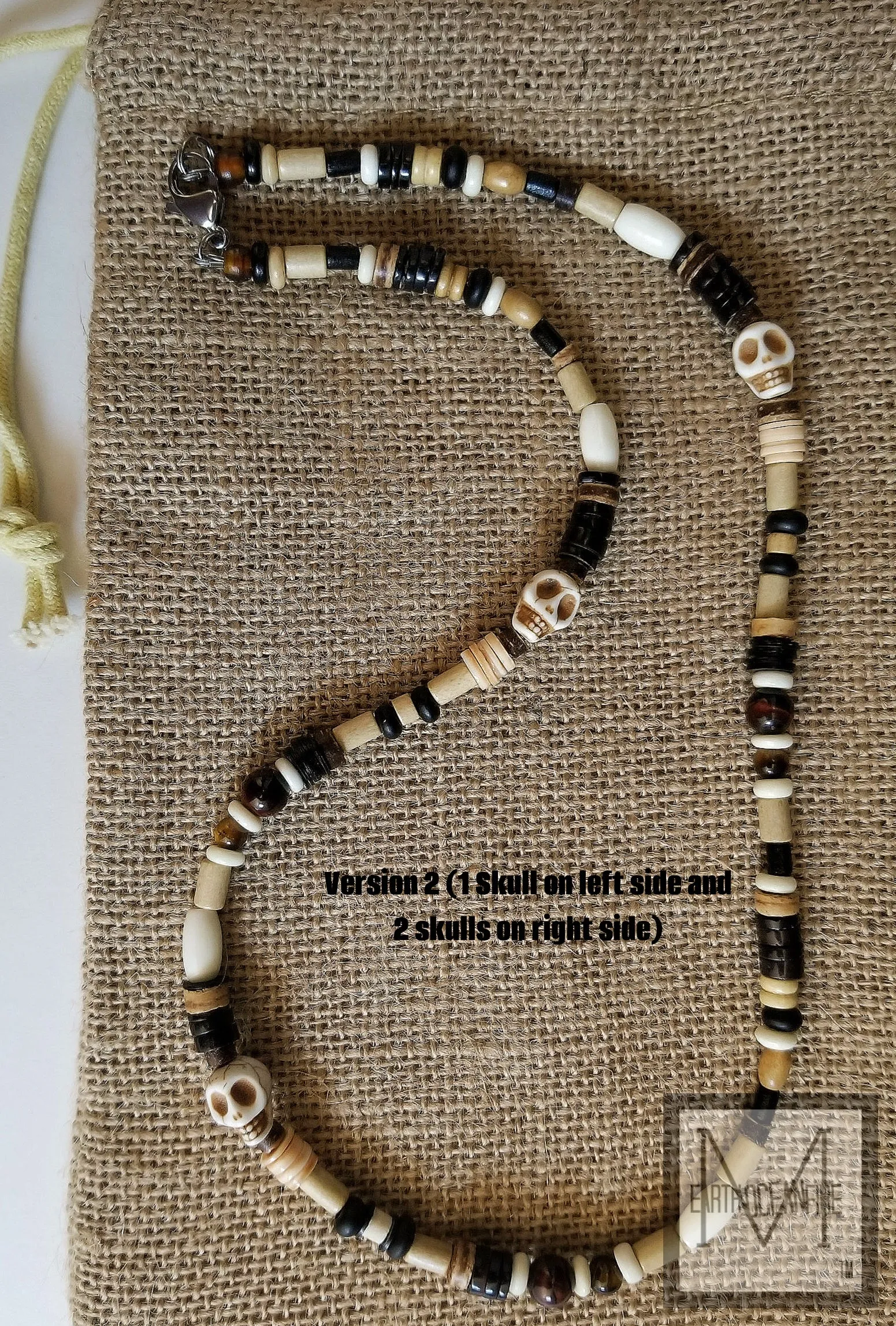Men's Red and Brown Tigers Eye Skull Beaded Necklace