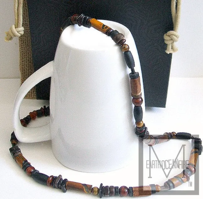 Men's Red and Golden Brown Tigers Eye Burnt Horn Necklace