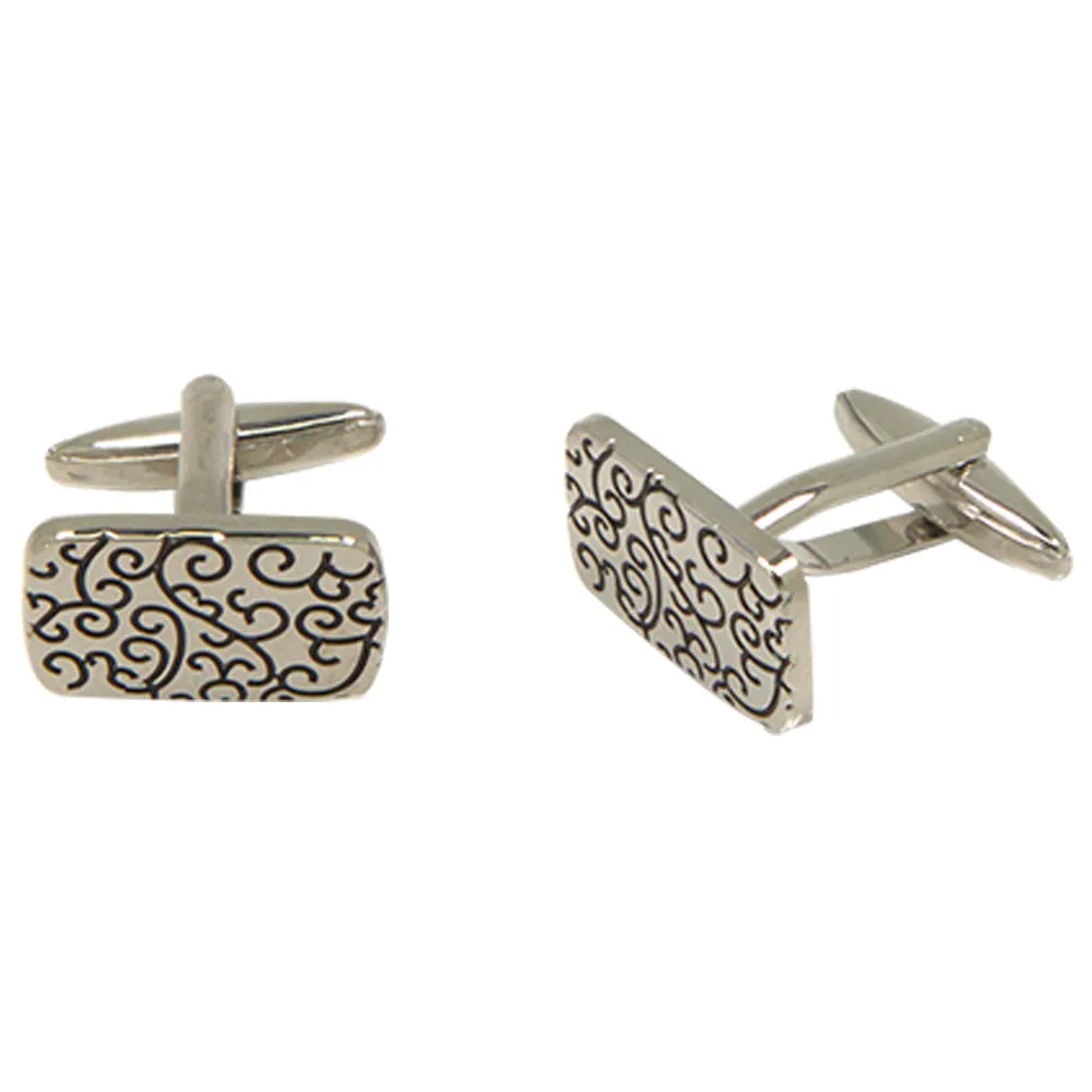 Men’s Silvertone Square Black Swirl Pattern Cufflinks