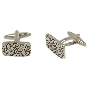 Men’s Silvertone Square Black Swirl Pattern Cufflinks