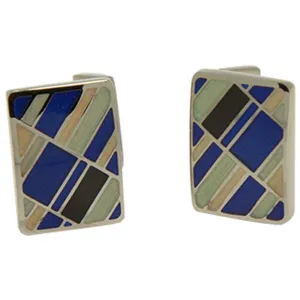 Men’s Silvertone Square Blue Retro Pattern Cufflinks