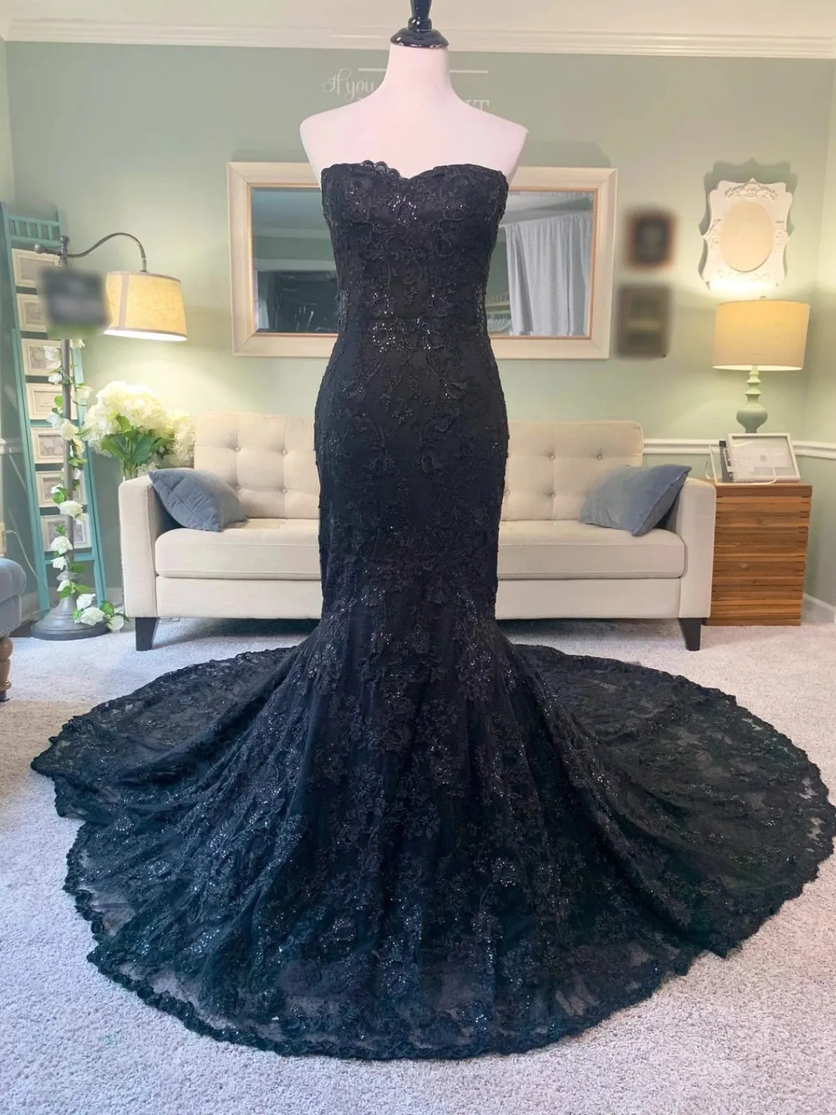Mermaid Lace 3 in 1 Black Wedding Dress, Cape Veil, Removable Sleeves