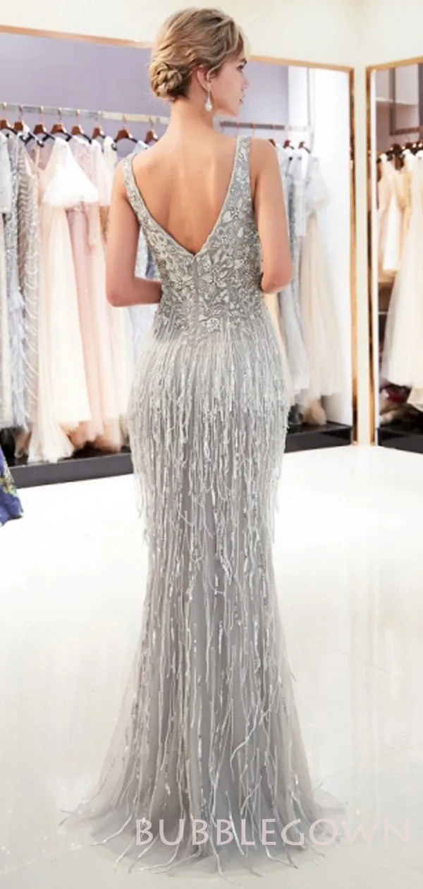 Mermaid V-neck Beaded Luxury Silver Long Evening Prom Dresses, Cheap Custom Prom Dresses, MR7728