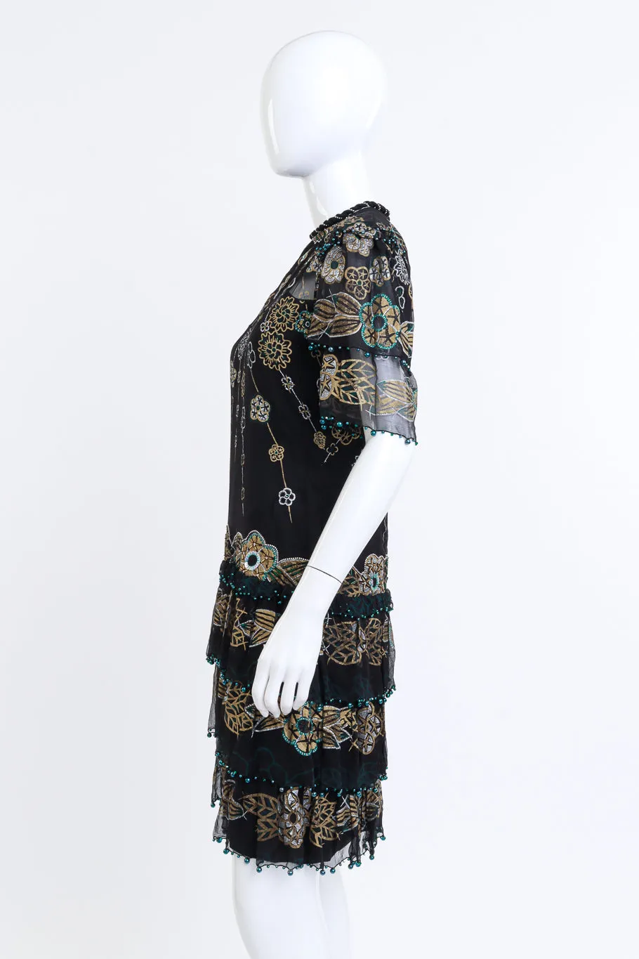 Metallic Beaded Floral Silk Shift Dress