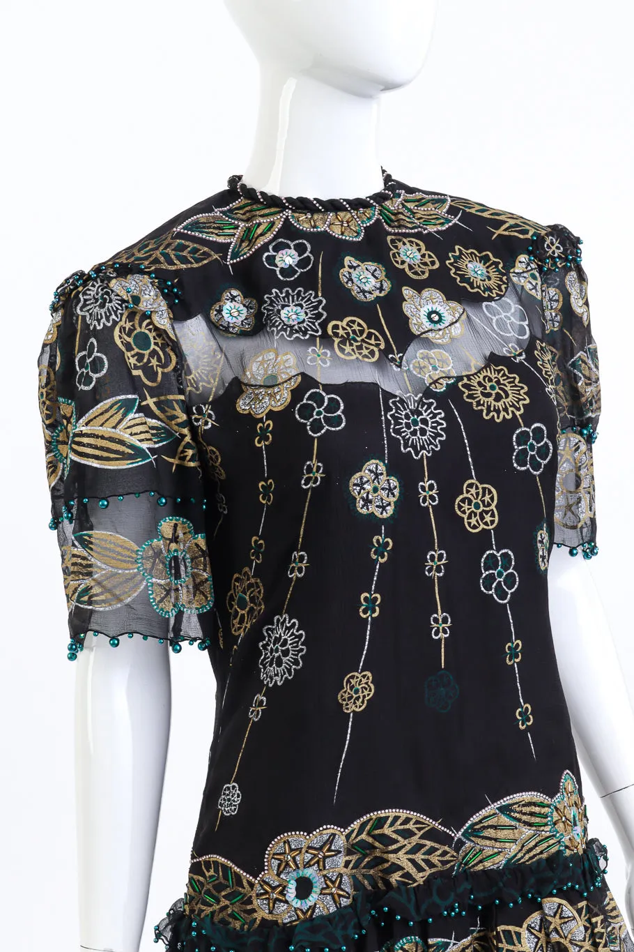 Metallic Beaded Floral Silk Shift Dress