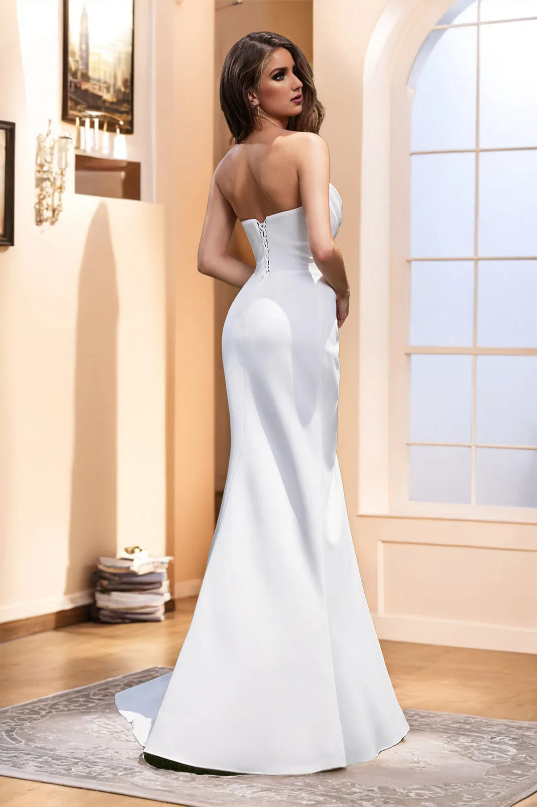 Minimalist Strapless Ivory Satin Floor Length Bridal Gown