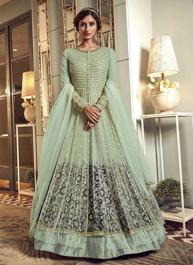 Mint Green Heavy Embroidered Gown Style Anarkali Suit