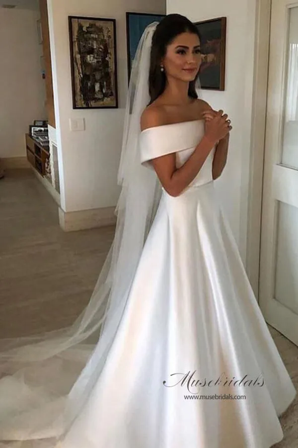 Modest Simple Ivory A Line Off Shoulder Wedding Dresses, Bridal Gown, MW517