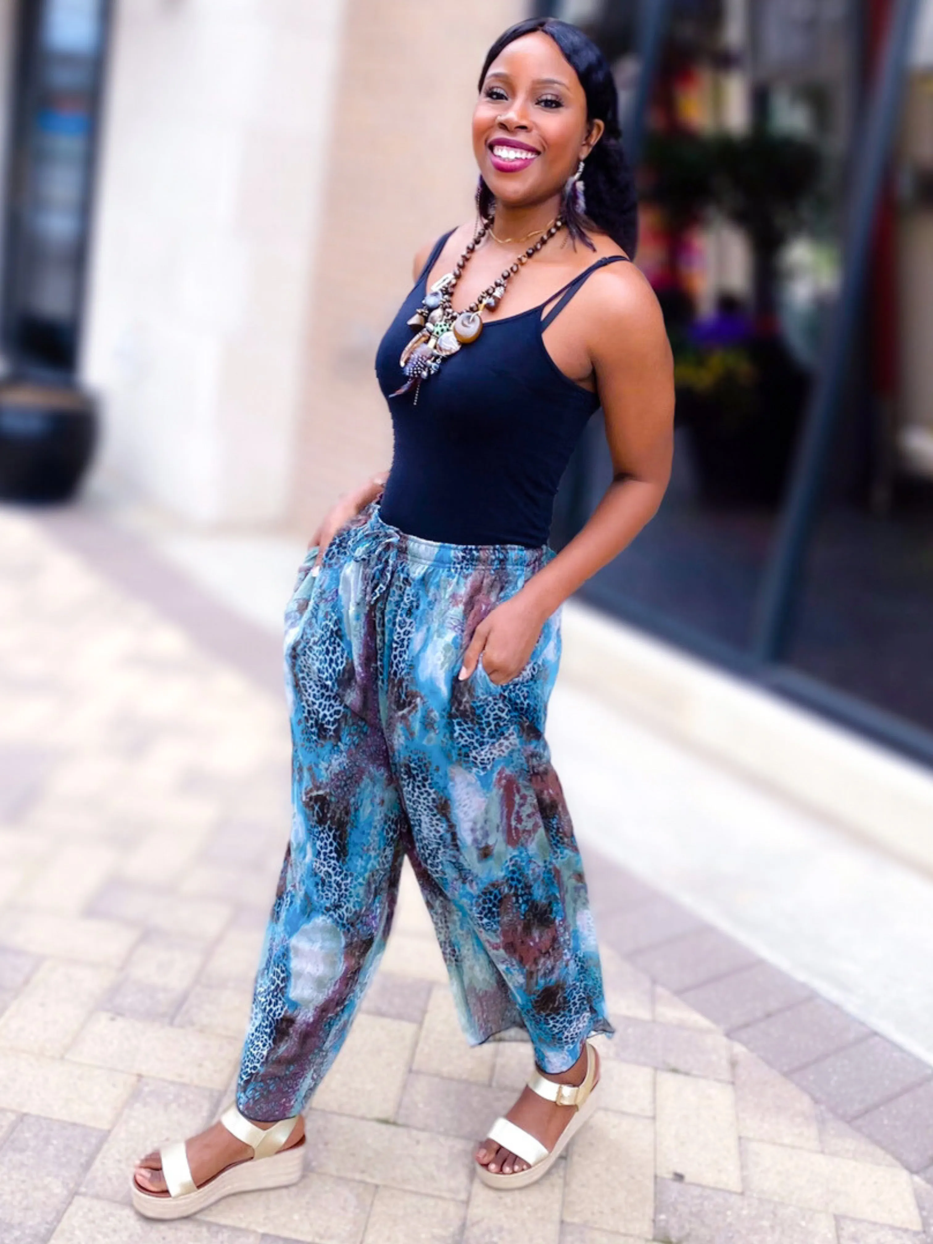 Multi Pattern Palazzo Pants - Blue