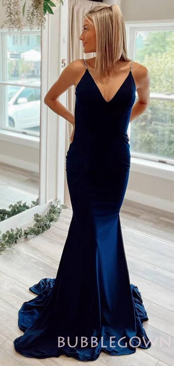 Navy Blue Mermaid Spaghetti Straps Beaded Long Evening Prom Dresses, Cheap Custom Prom Dresses, MR7865