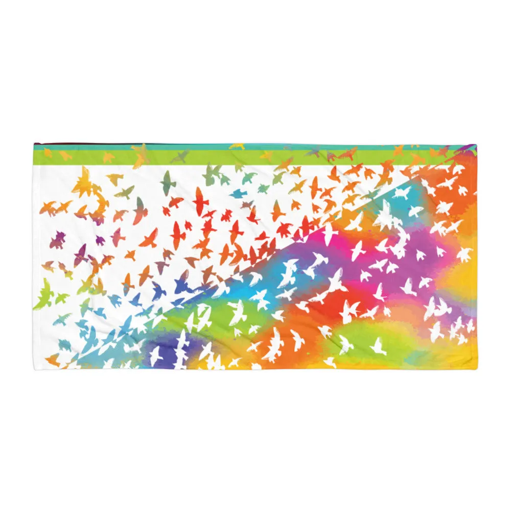 Neon Birds in Flight - Beach Towel