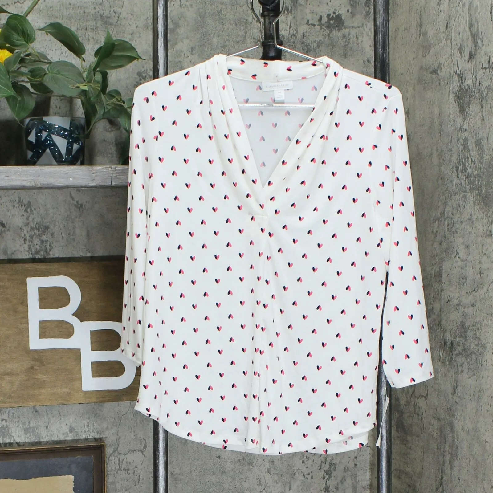NWT Charter Club Petite 3/4-Sleeve Dual-Colored Heart Blouse. 100115442PT PM