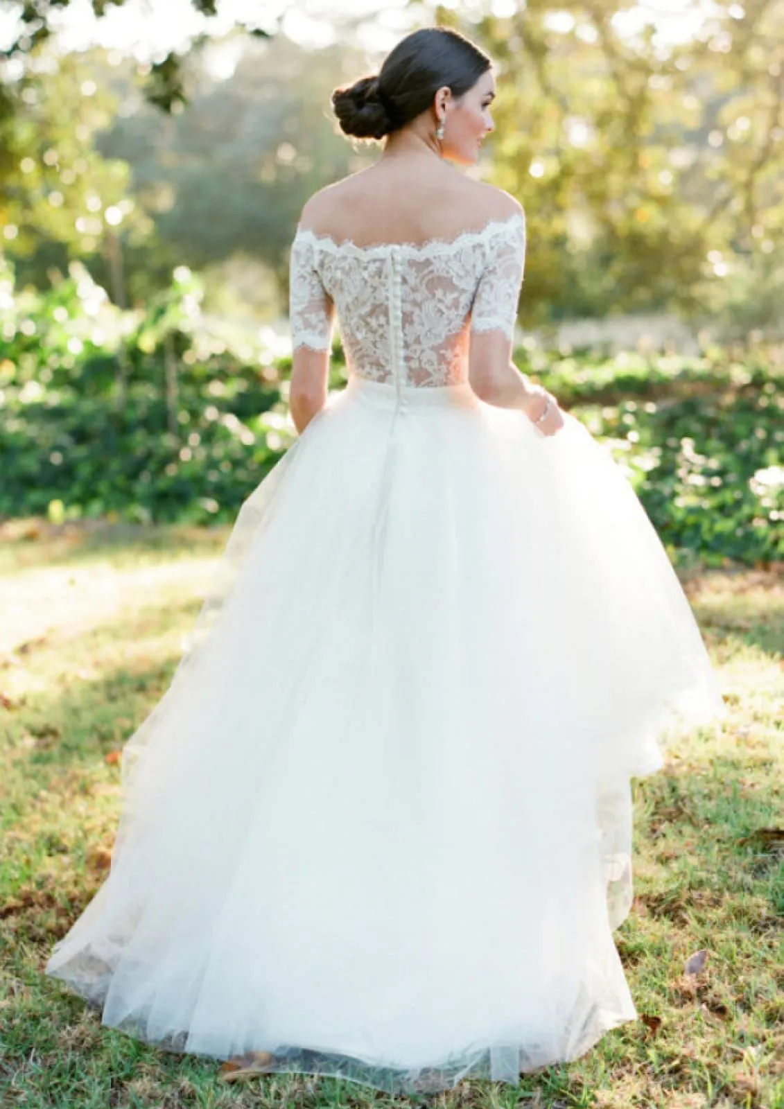 Off Shoulder Short Sleeve Long Lace Tulle Princess Wedding Dress, Buttons