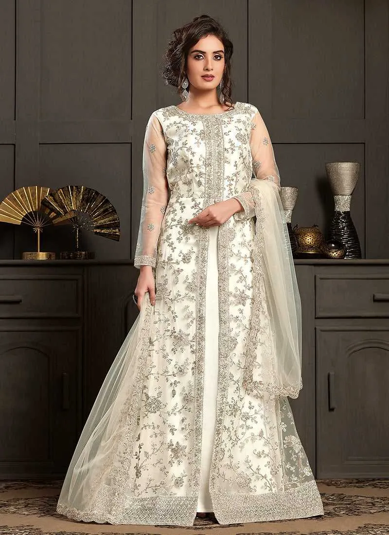 Off white Heavy Embroidered Jacket Style Anarkali Suit