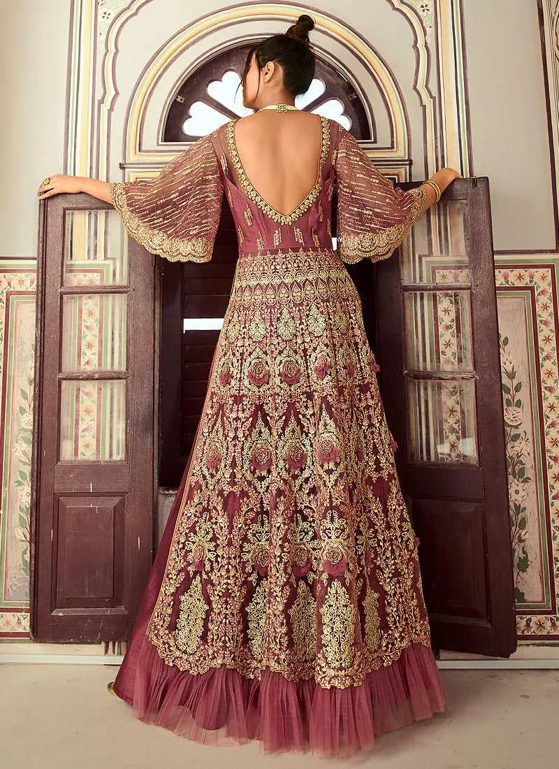 Onion Pink Heavy Embroidered Lehenga/Pant Style Anarkali
