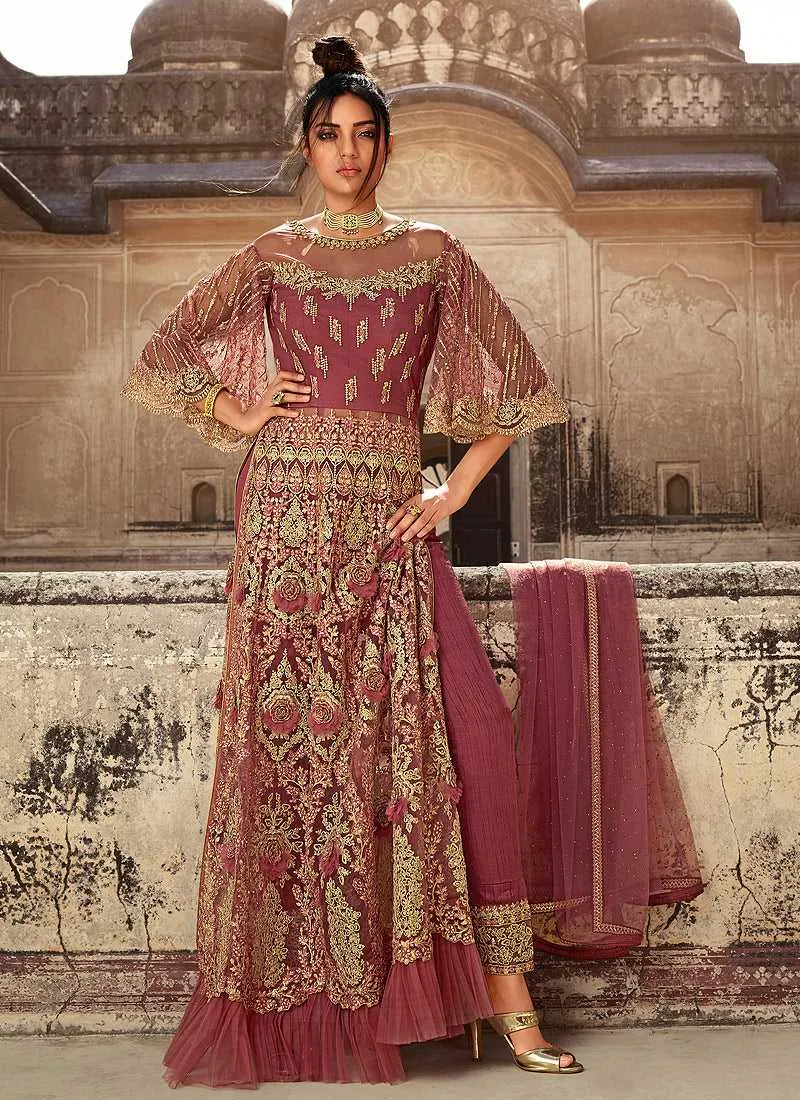 Onion Pink Heavy Embroidered Lehenga/Pant Style Anarkali