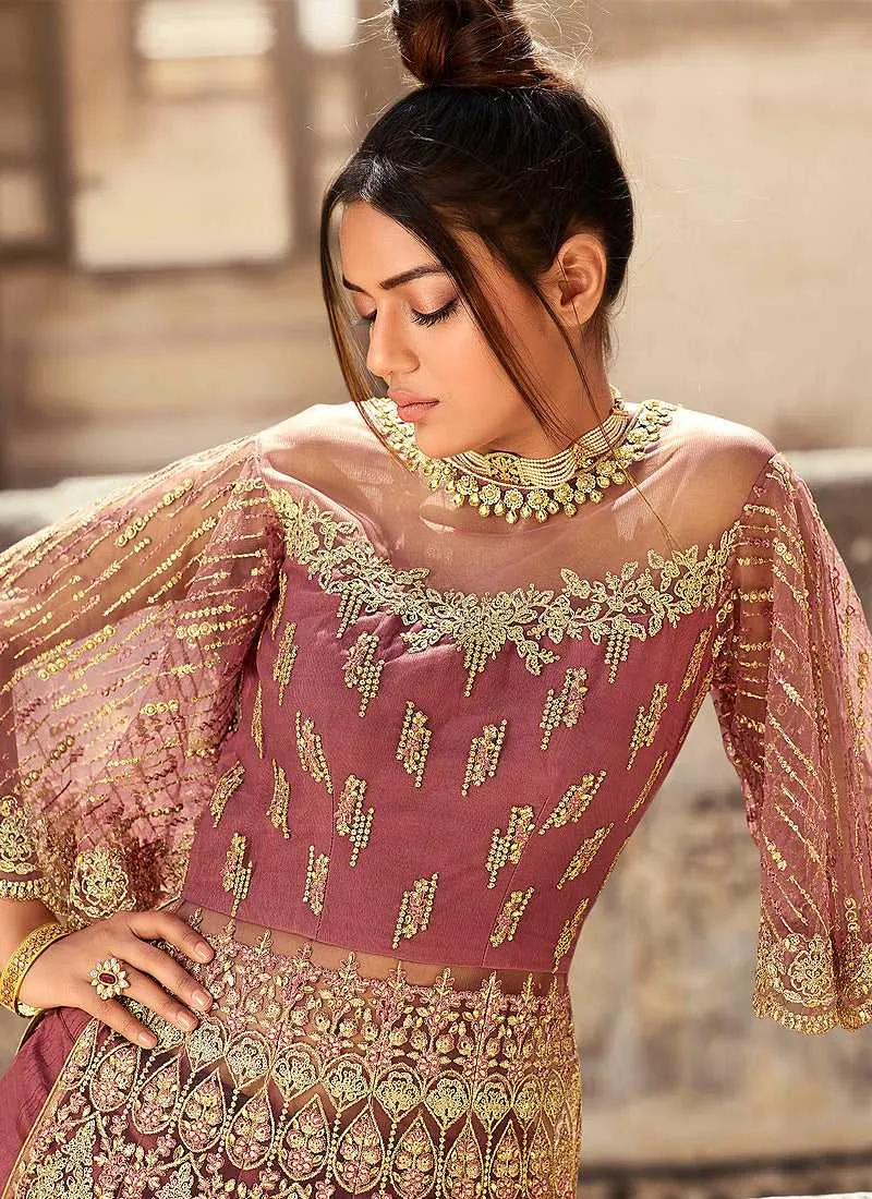 Onion Pink Heavy Embroidered Lehenga/Pant Style Anarkali