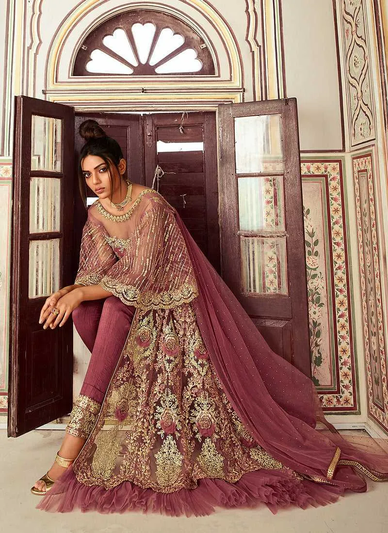 Onion Pink Heavy Embroidered Lehenga/Pant Style Anarkali