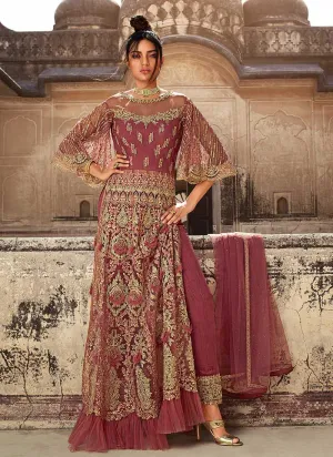Onion Pink Heavy Embroidered Lehenga/Pant Style Anarkali
