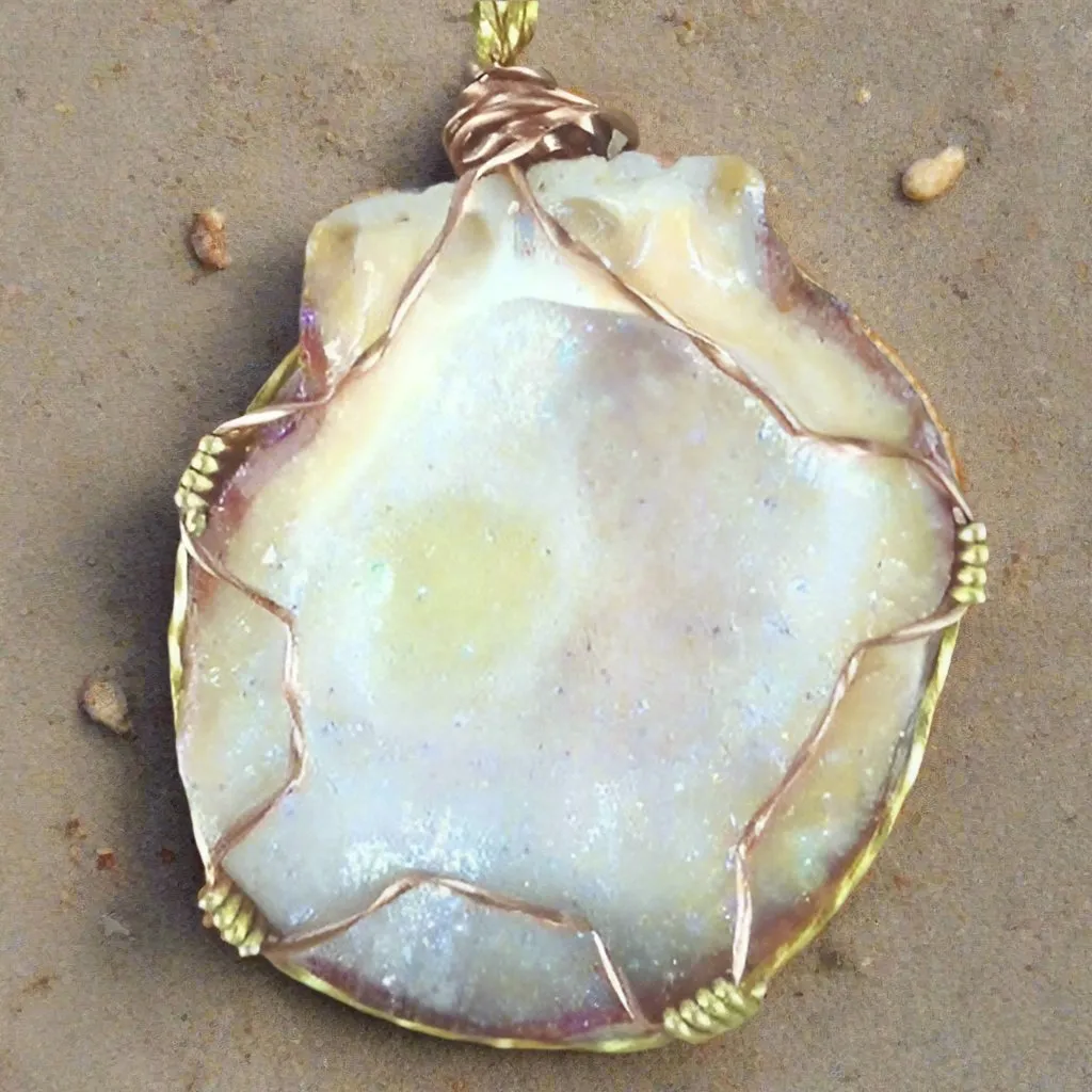 Orange Clam Shell Pendant with Pink Starfish Charm, Gold/Copper Wire Wrap, Gold Tone Rope Necklace - Handmade