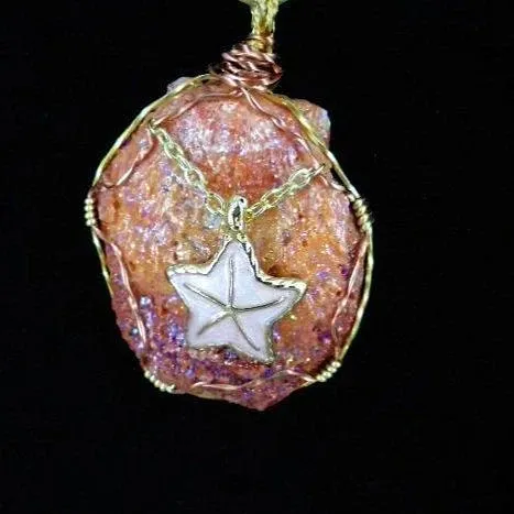 Orange Clam Shell Pendant with Pink Starfish Charm, Gold/Copper Wire Wrap, Gold Tone Rope Necklace - Handmade