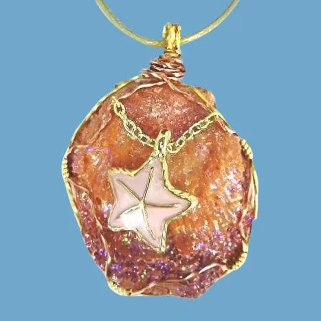 Orange Clam Shell Pendant with Pink Starfish Charm, Gold/Copper Wire Wrap, Gold Tone Rope Necklace - Handmade